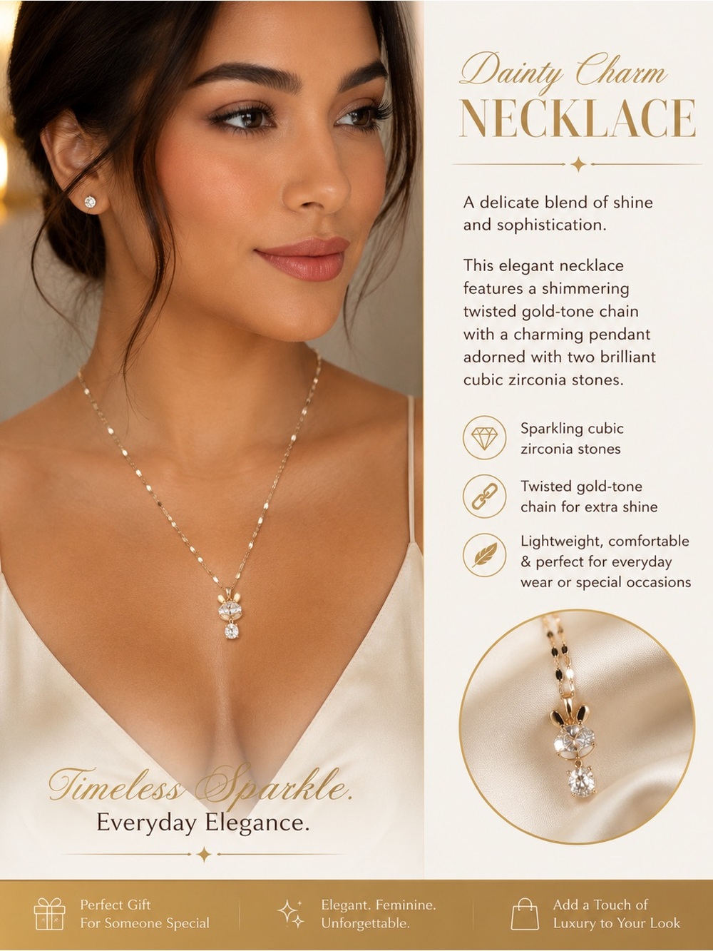 Dainty Gold-Tone Necklace with Cubic Zirconia Pendant
